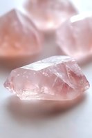 Raw rose quartz crystal with natural pink hue and translucent surface on soft white background, showcasing mineral's raw geometric structure and healing properties.