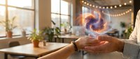 Professional woman holding glowing energy sphere in modern office space with plants and warm lighting for business innovation concepts.