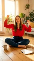 Young Caucasian woman in red sweater celebrating success sitting cross-legged on wooden floor in bright living room with plants and natural sunlight.