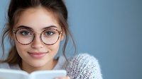 Young woman in round glasses smiling while holding smartphone against blue background. Natural makeup, casual sweater, and soft lighting create welcoming professional look.