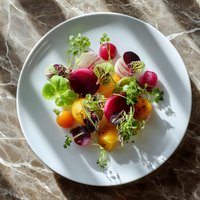 Fresh colorful radishes and yellow cherry tomatoes garnished with microgreens on white plate, top view. Healthy organic vegetarian food on marble background.