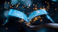 Magical glowing book with sparkling blue light and golden particles floating above open pages against dark background, creating mystical atmosphere.