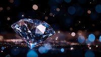 Sparkling blue diamond on dark background with bokeh lights and glitter effects creates luxurious gemstone composition for jewelry advertising.