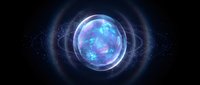 Cosmic energy sphere with glowing blue and purple plasma surrounded by swirling space dust and stellar particles in deep universe background for sci-fi designs.
