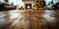 Wooden floor in cozy living room with fireplace and Christmas tree, creating warm holiday atmosphere for seasonal backgrounds.