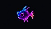 Glowing neon fish in blue and pink colors on black background, cartoon style character with spiky fins and large eye, isolated design element for creative projects.