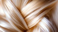 Silky smooth blonde hair strands in macro close up showing detailed texture and shine of braided or woven hairstyle pattern with soft warm lighting effect.