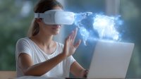 Young woman in white t-shirt wearing VR headset interacting with glowing holographic world map projection while working on laptop, representing digital innovation and virtual reality.