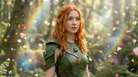 Young woman with long wavy auburn hair and fair complexion wearing olive green medieval-style tunic in enchanted forest surrounded by magical rainbow light and floating sparkles.