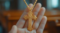 Gold ornate cross pendant necklace held in open palm showcasing intricate religious jewelry design for faith-based accessories and spiritual wear.