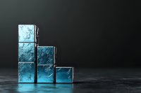 Glowing blue crystal blocks arranged in ascending steps on dark background with dramatic lighting and reflective surface, creating modern minimalist composition.