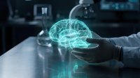 Scientist in laboratory holding glowing digital brain hologram representing artificial intelligence, neuroscience research and medical technology innovation.