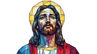 Stained glass style portrait of Jesus Christ with golden halo, colorful geometric mosaic design for religious art, church decoration and spiritual projects.