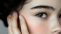 Close up portrait showing natural makeup look with focus on groomed eyebrow, eye and flawless skin texture of young Asian woman touching face gently.
