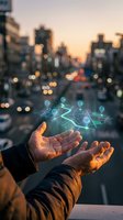 Hand holding glowing digital network symbols above city skyline at sunset. Represents technology, connectivity, innovation, and business growth in urban environment.
