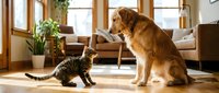 Golden retriever dog and tabby cat meeting in sunny modern living room with natural light streaming through windows creating warm domestic scene.