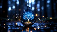 Glowing tree of life inside water droplet with blue and golden light particles, symbolizing growth, nature, technology, and environmental sustainability concepts.