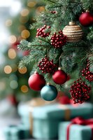 Festive Christmas tree decorated with red berries, gold striped ornament, red and teal baubles against soft bokeh background with wrapped presents below.