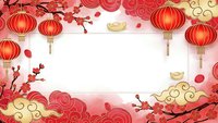 Chinese New Year festive frame with red lanterns, cherry blossoms, gold ingots and traditional clouds on white background for greeting cards and celebrations.