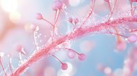 Delicate pink branch with spherical buds covered in crystalline frost against soft blue background creates dreamy winter nature macro photography.