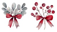 Watercolor eucalyptus branches with red berries and satin bows, winter holiday decorative elements on white background, isolated botanical set.
