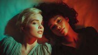 Two young women lying together in colorful neon lighting creating intimate friendship portrait with red and green ambient glow for lifestyle photography.