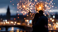 Romantic silhouette of couple watching fireworks display over city skyline at dusk, embracing by river with bridge and church spire in background.