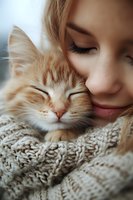 Young woman with closed eyes cuddling ginger cat in cozy knitted sweater, showing tender moment between pet owner and feline companion.