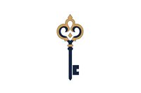 Vintage ornate key with decorative crown-like top in gold and navy blue tones on white background, isolated design element for creative projects.