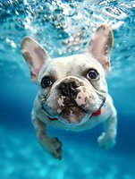 French Bulldog swimming underwater with expressive eyes and playful expression, surrounded by bubbles in bright blue pool water. Captured in dynamic action pose.