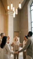 Diverse group of professionals holding hands in circle during team building exercise in modern office lobby with pendant lighting and natural materials.