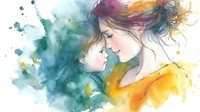 Tender moment between mother and child in vibrant watercolor style with flowing yellow dress against teal background, showcasing maternal bond.