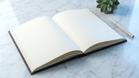 Open blank notebook with empty pages on marble surface for writing, journaling, planning and creative projects.