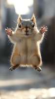 Playful red squirrel jumping with raised paws and funny expression, backlit by soft sunlight against blurred natural background, creating humorous wildlife moment.