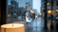 Crystal sphere floating in modern office space with blurred city lights and warm ambient lighting creating magical atmosphere for business concepts.