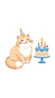 Ginger cat wearing striped party hat sitting next to blue birthday cake with lit candles on white background. Isolated clipart for greeting cards, invitations, t-shirts and party designs.