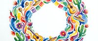Colorful Mexican fiesta wreath with guitars, maracas, cacti, chili peppers and traditional folk art elements on white background for Cinco de Mayo celebrations.