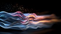 Abstract flowing waves in blue and pink colors with glowing particles and light effects against black background create dynamic motion and energy pattern.