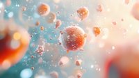 Floating orange and red spherical particles with bokeh effect on light blue background, microscopic view of molecular structure in motion, scientific concept.