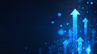 Glowing blue arrows pointing upward with digital particles and light effects on dark background, representing growth, success and technological advancement.