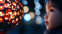 Young Asian girl looking at glowing decorative sphere with wonder, magical bokeh lights create dreamy atmosphere. Perfect for holiday and childhood themes.