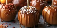 Gourmet caramel apples covered in milk chocolate drizzle and decorated with colorful sprinkles on dark background, sweet autumn dessert treat for parties.