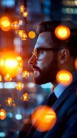 Young businessman in glasses and suit gazing thoughtfully against blurred city lights and glowing bokeh orbs creating atmospheric evening mood for business concepts.