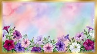 Watercolor floral frame with colorful petunias and leaves on pastel rainbow background for greeting cards, invitations and decorative designs.