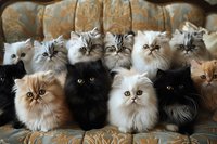 Group of Persian cats with different coat colors sitting together on vintage upholstered furniture, showcasing variety of pure breed felines with distinctive flat faces.
