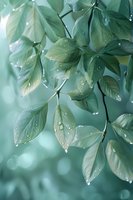 Fresh green leaves with morning dew drops against soft turquoise background. Natural macro photography with selective focus creates dreamy botanical atmosphere.