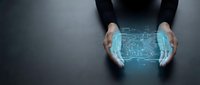 Business professional hands protecting glowing digital circuit board hologram representing cybersecurity data protection and technology innovation concepts.