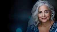 Mature Caucasian woman with silver gray wavy hair and natural makeup smiling confidently against dark background with soft bokeh lighting effect.