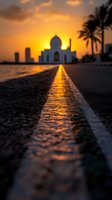Dramatic sunset silhouette of mosque with golden sky and road leading line perspective. Palm trees and city skyline create atmospheric middle eastern ambiance.