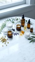Natural skincare products with herbs and essential oils arranged on marble surface by window for organic beauty routine and wellness lifestyle.